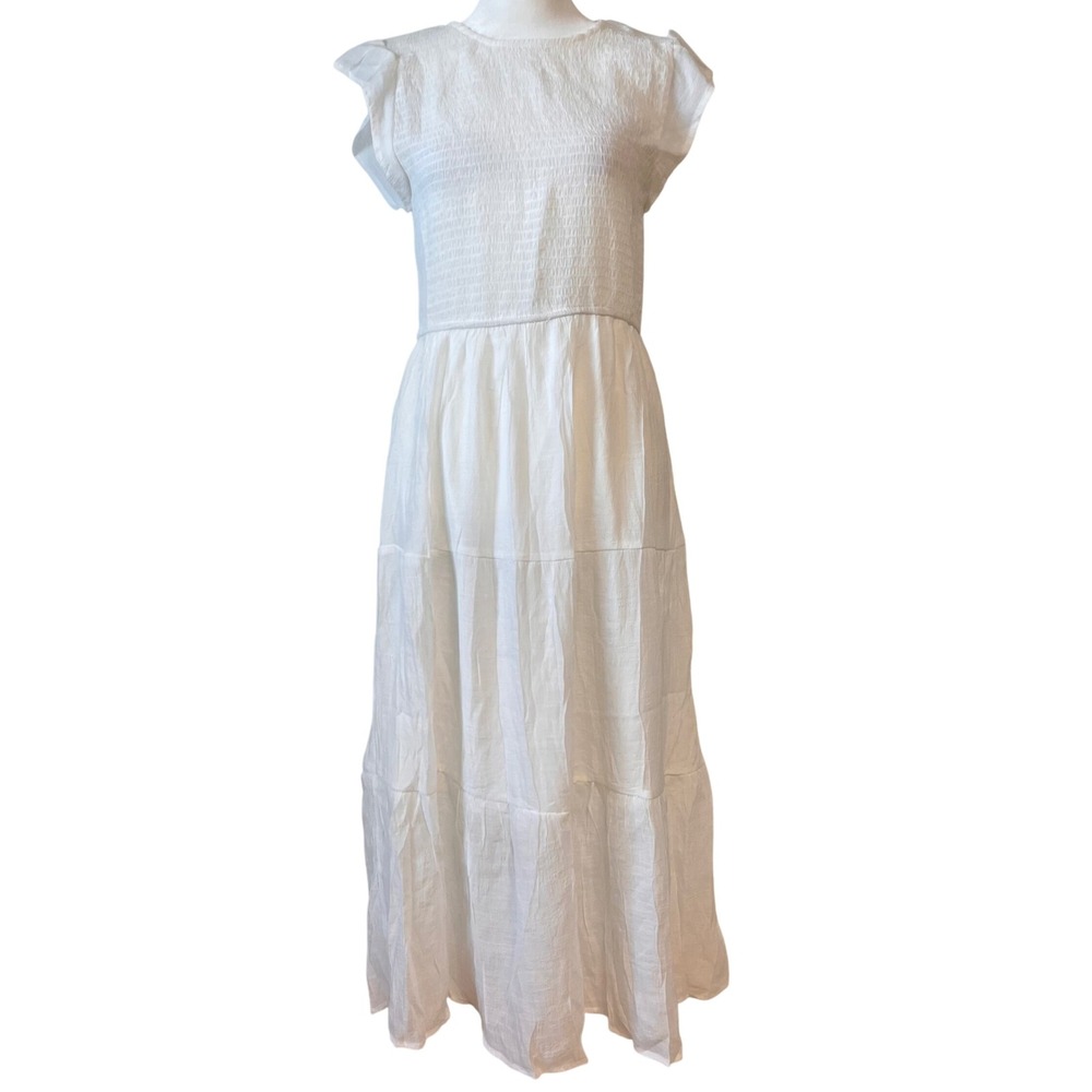 NWOT August Sky Women's Tiered Maxi Dress Medium White Smocked‎ Shirred Boho